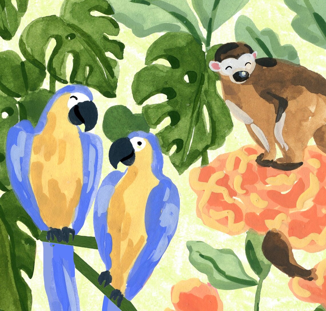 Tropical Monkeys And Parrots Jungle Art Print - Image 3