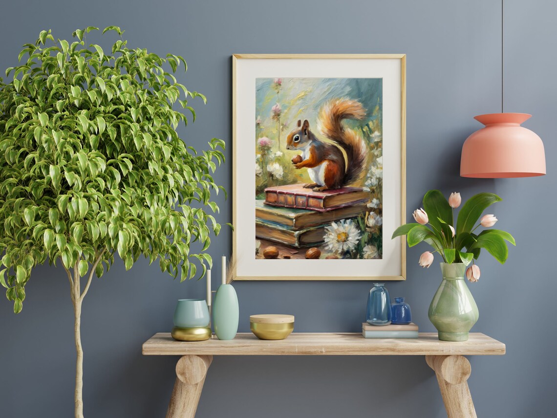 Red Squirrel With Acorn On Stack Of Books Vintage Floral Painting Poster - Image 3