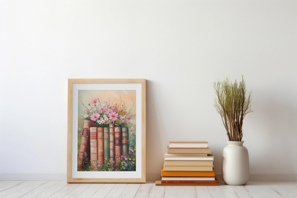 Vintage Books With Pink Wildflowers Floral Library Art Poster - Image 3