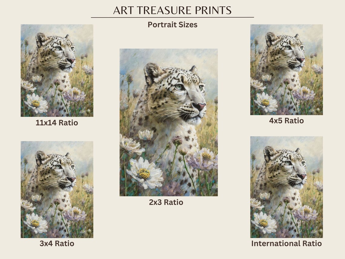Snow Leopard Among Wildflowers Elegant Wildlife Oil Painting Art Poster - Image 2