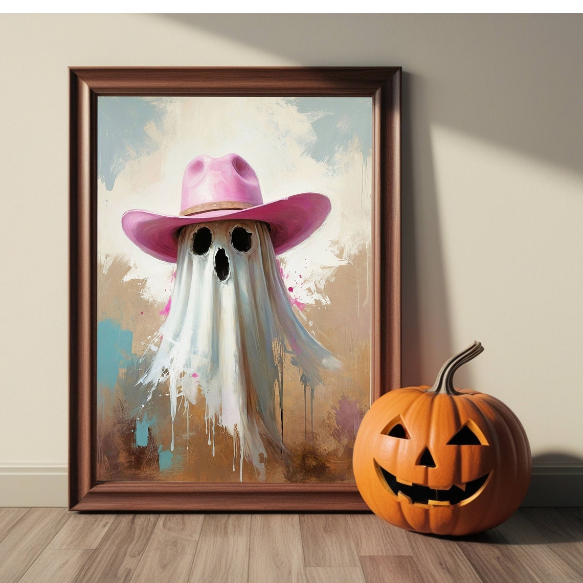 Ghost Wearing A Pink Cowboy Hat Abstract Halloween Art Poster - Image 3