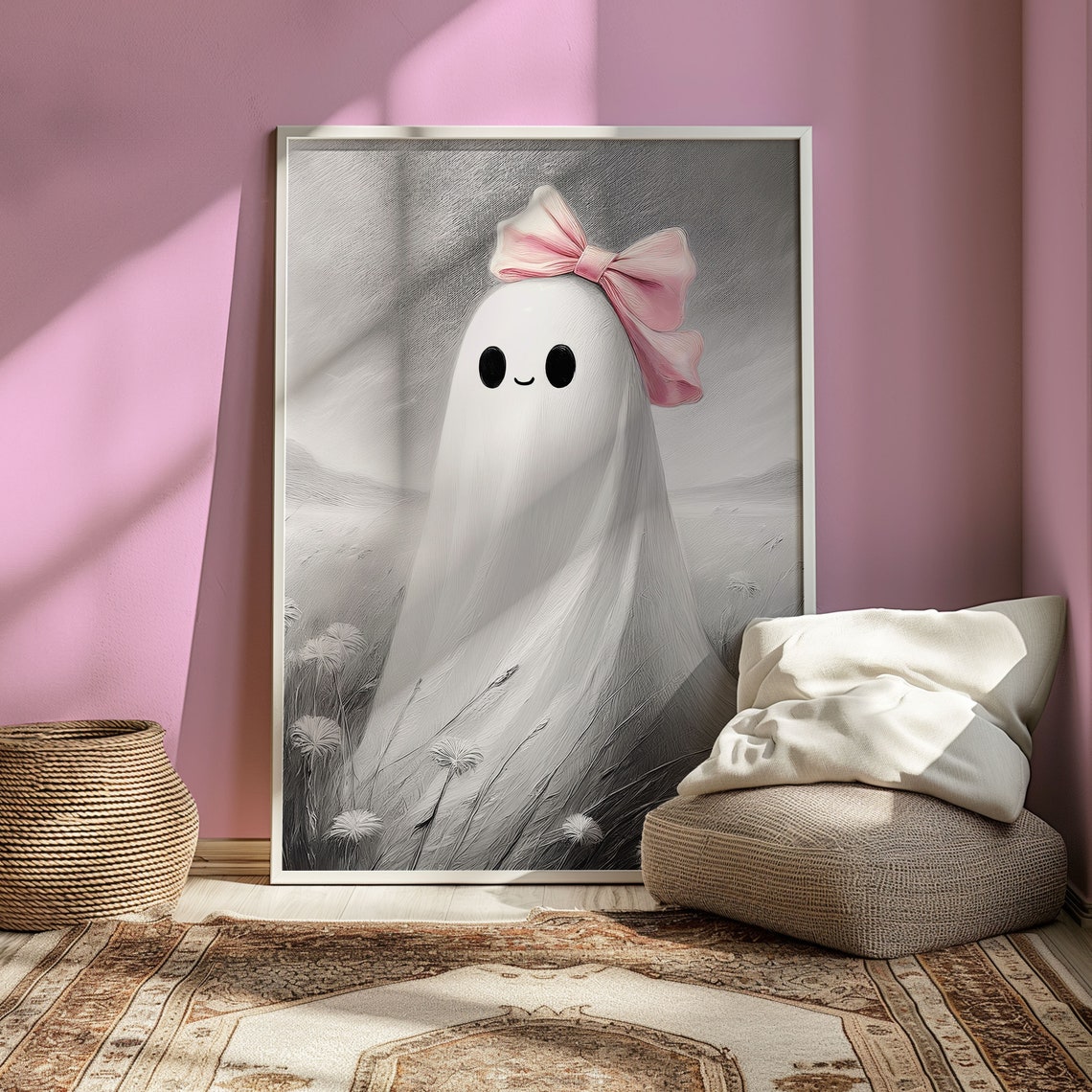 Monochrome Ghost With Pink Bow Standing In A Daisy Meadow Poster - Image 3