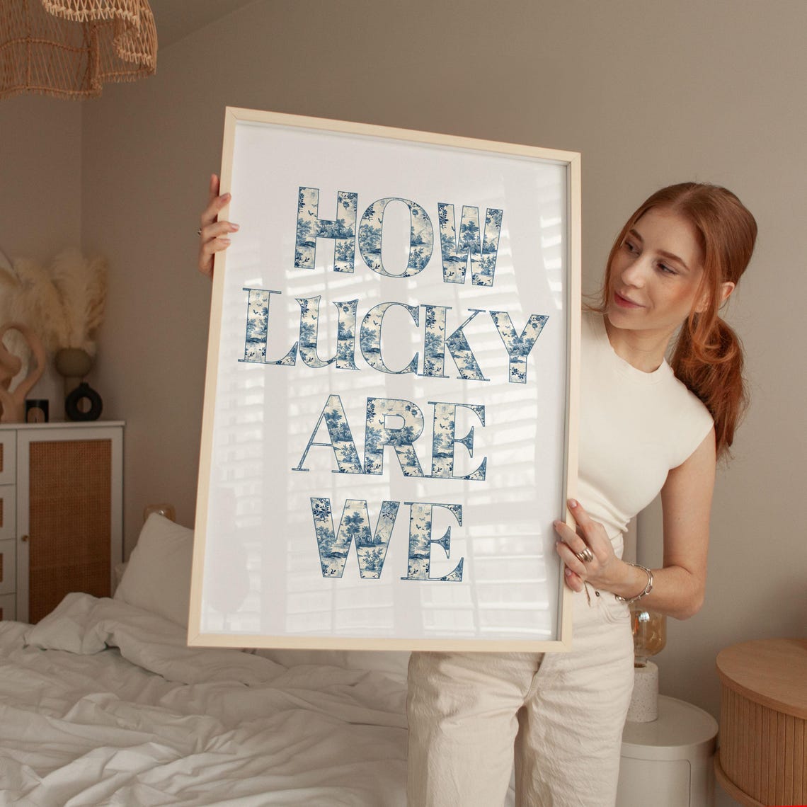 How Lucky Are We Blue Toile Floral Pattern Typography Wall Art - Image 2