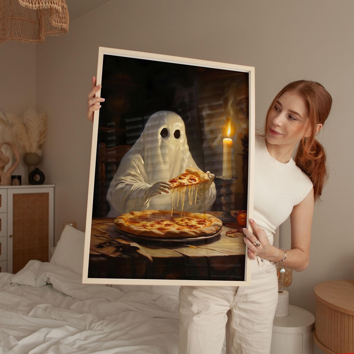 Cute Ghost Eating Pizza By Candlelight Funny Halloween Art Poster - Image 2