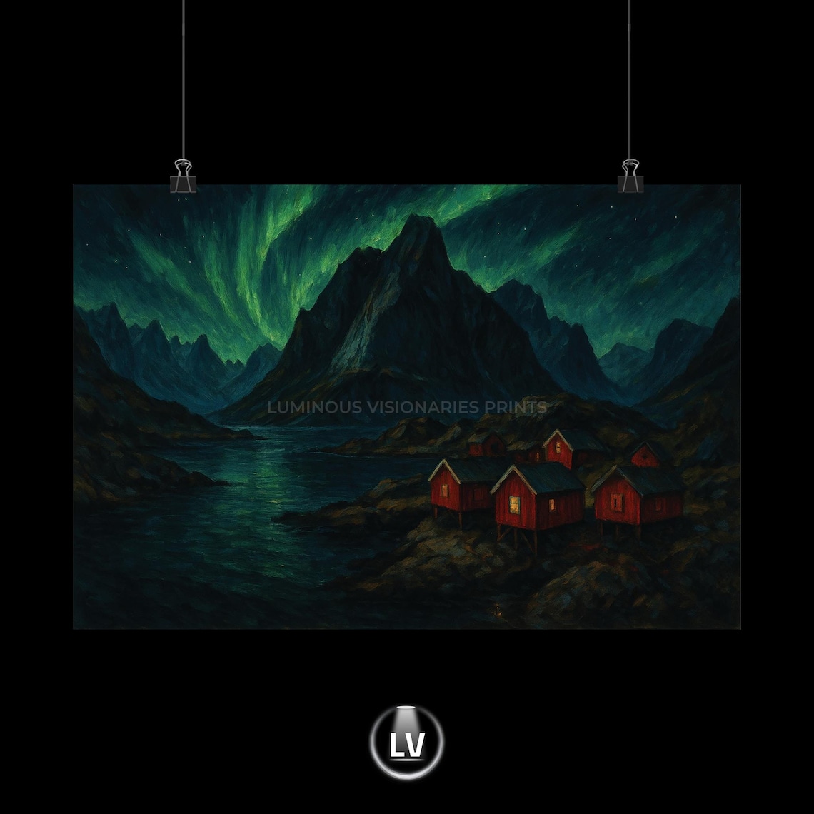 Lofoten Norway Northern Lights Red Cabins Fjord Night Poster