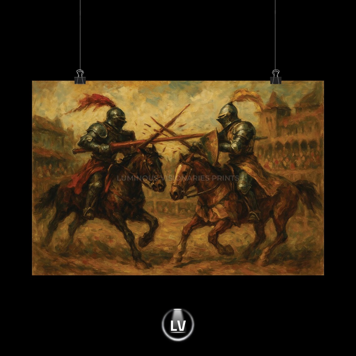 Medieval Knights Jousting Duel on Horseback Epic Battle Oil Painting Poster