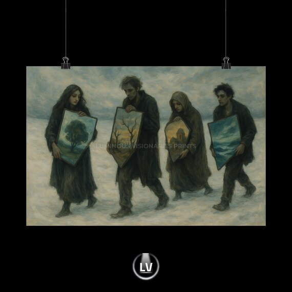 Four Wanderers Carrying Paintings Through Snow Moody Dark Art Poster