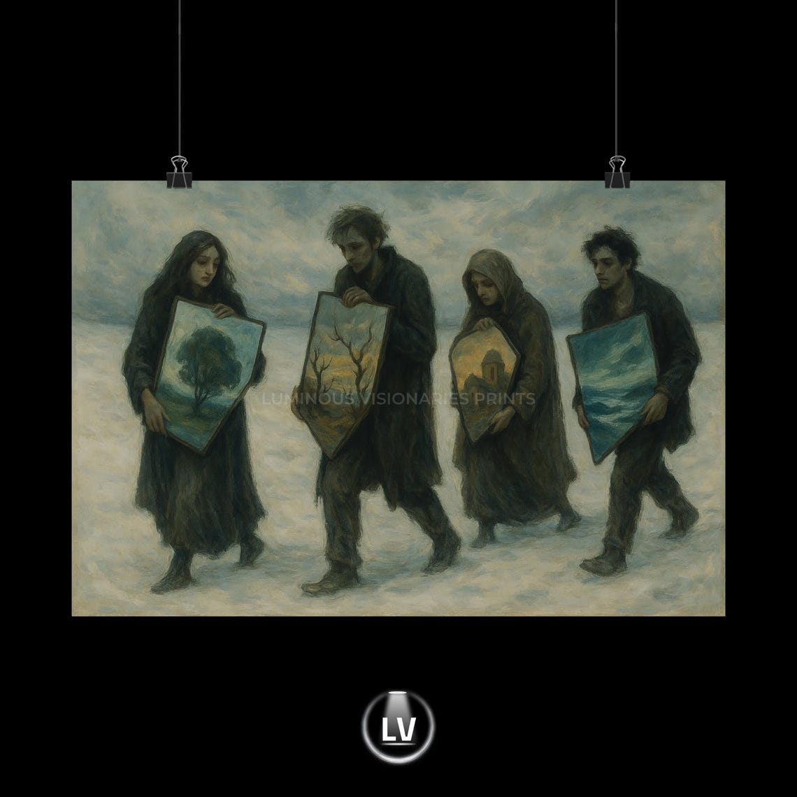 Four Wanderers Carrying Paintings Through Snow Moody Dark Art Poster