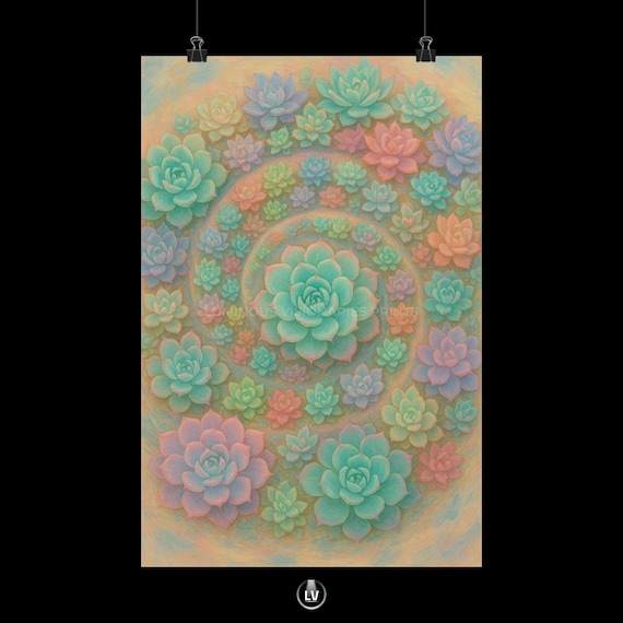 Pastel Succulent Spiral Mandala Botanical Art Wall Print Decor