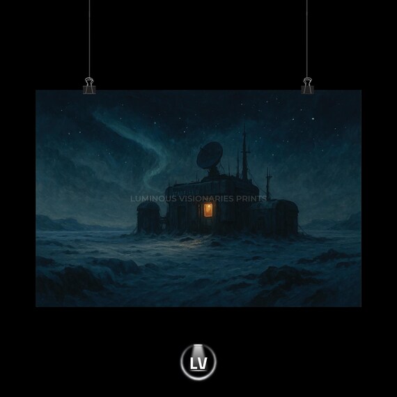 Starfield Space Station Icy Moonlit Planet Sci Fi Art Poster