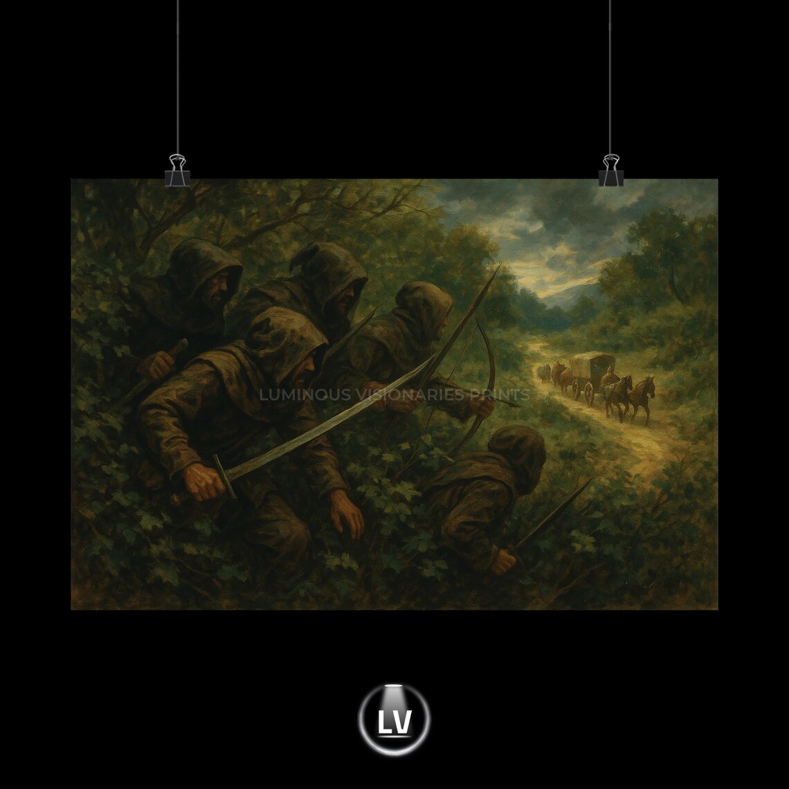 Medieval Bandit Ambush Forest Painting Adventure Vintage Art Print