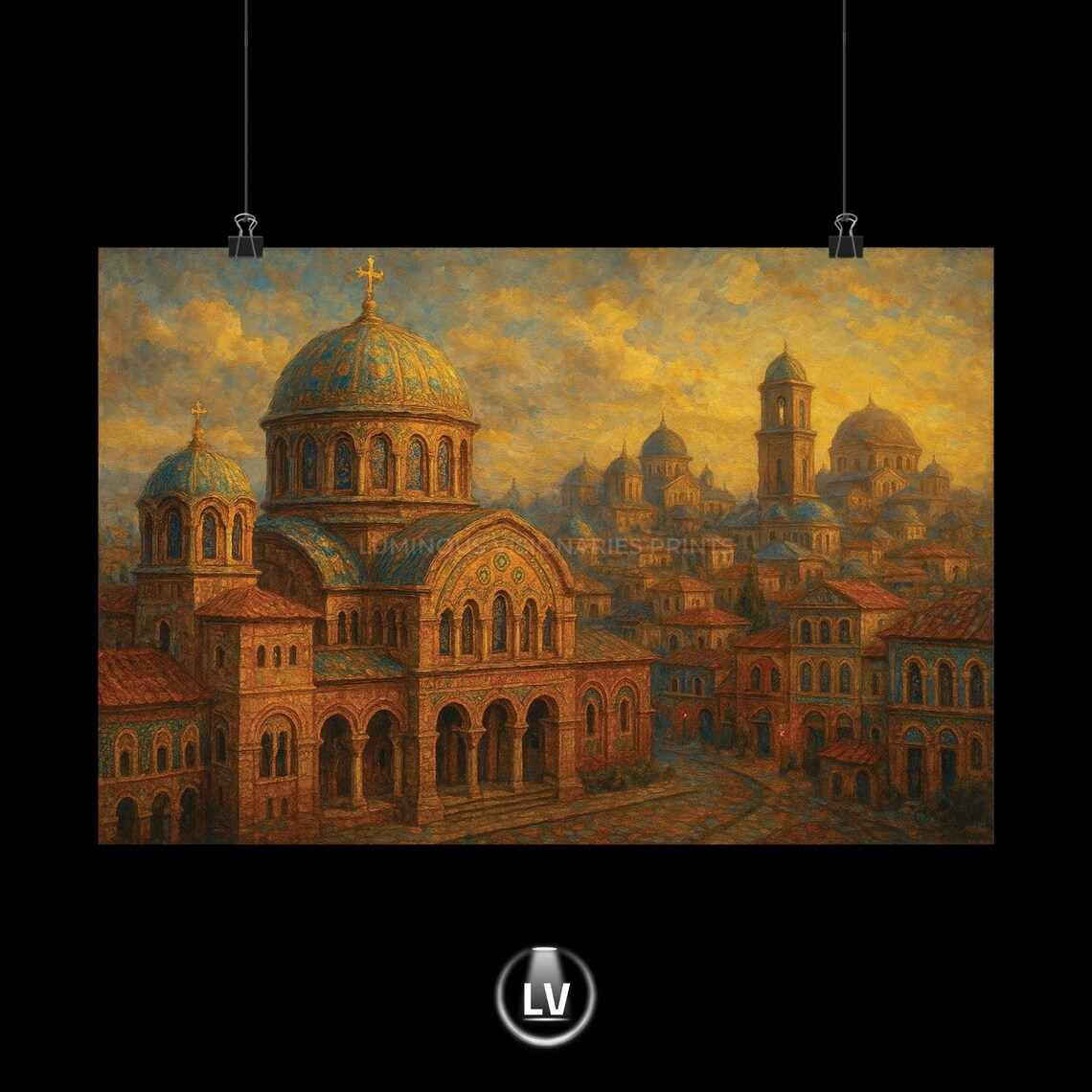 Golden Byzantine Domed Cathedral Cityscape Vintage Art Poster
