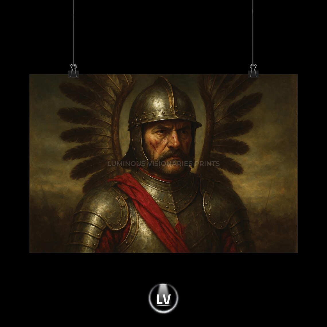 Winged Medieval Warrior Portrait Armor Dark Oil Painting Style Poster