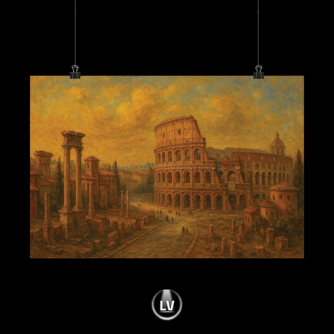 Rome Colosseum Forum Ruins Golden Sunset Vintage Oil Painting Poster