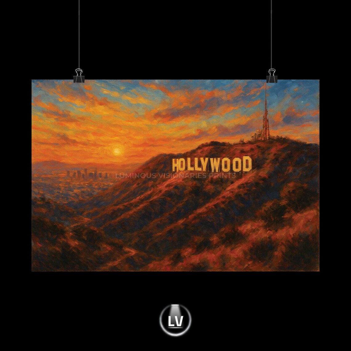 Hollywood Sign Sunset Los Angeles California Hills Oil Painting Poster