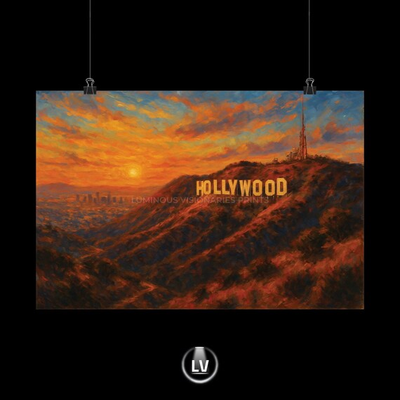 Hollywood Sign Sunset Los Angeles California Hills Oil Painting Poster