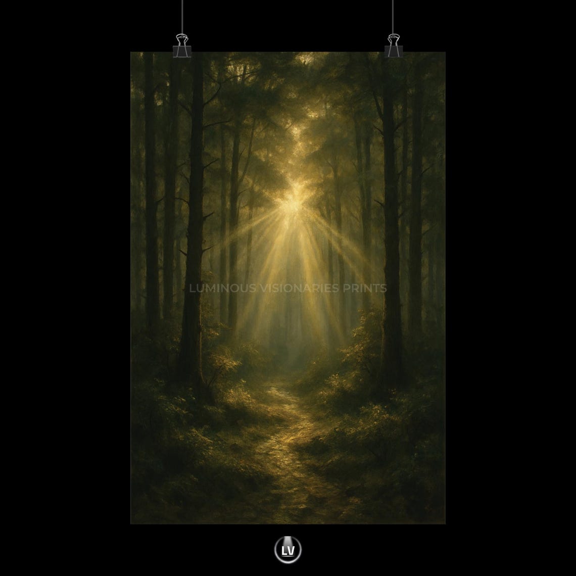 Sunburst Through Pine Forest Moody Woodland Light Painting Poster