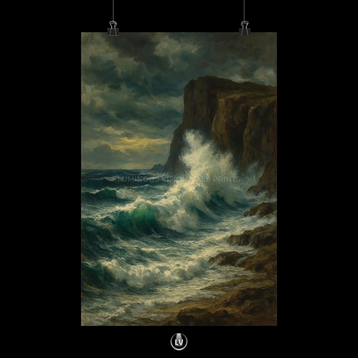 Stormy Ocean Waves Crashing on Cliffs Vintage Painting Poster