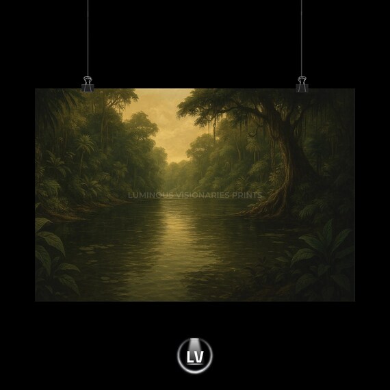 Dark Rainforest River Painting Poster Golden Light on Dark Water