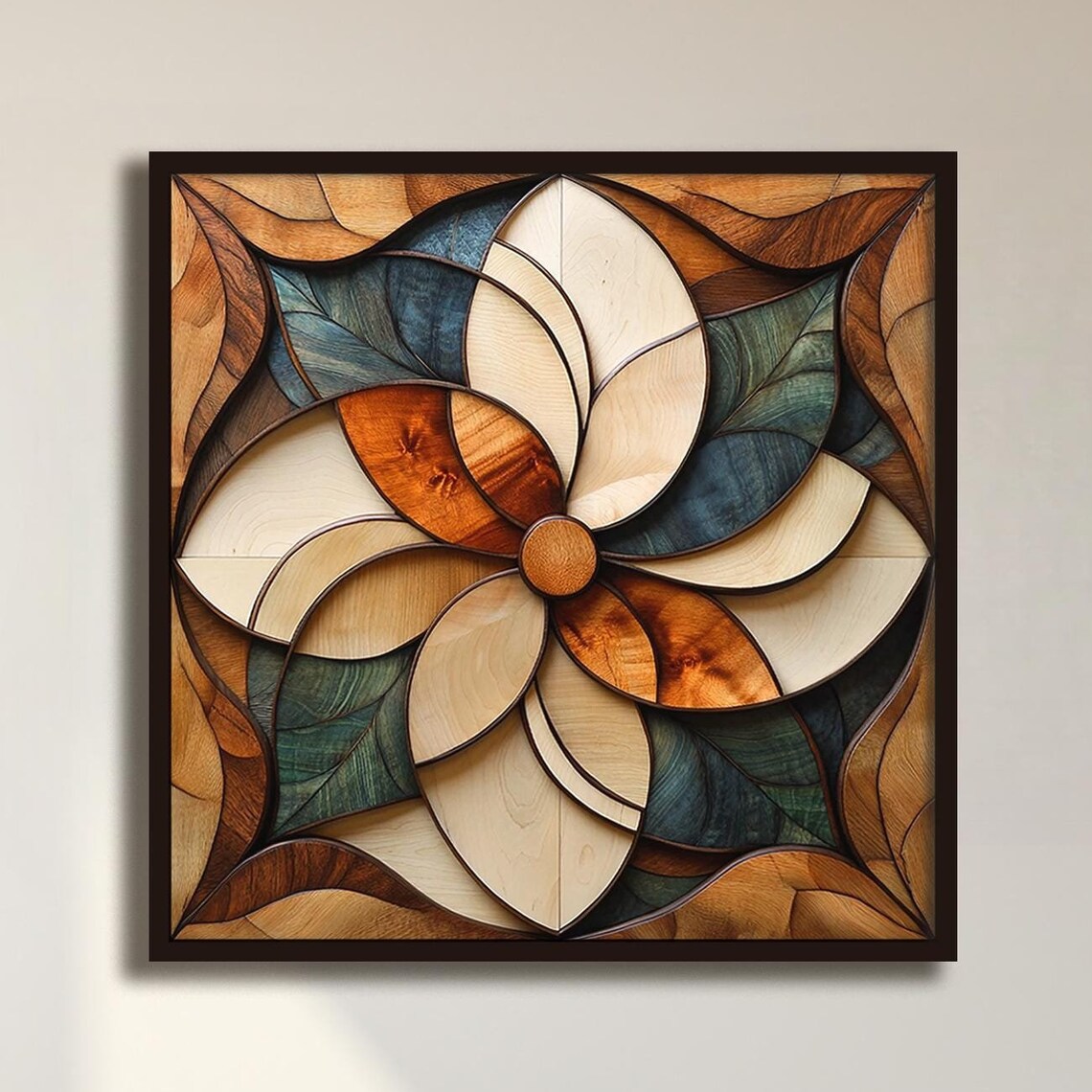Wooden Inlay Pinwheel Flower Teal Natural Wood Rustic Artisan Poster