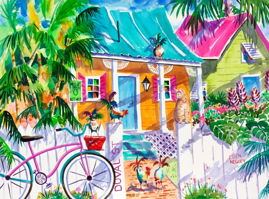 Key West Watercolor Rooster, Cat & Bicycle Art Print