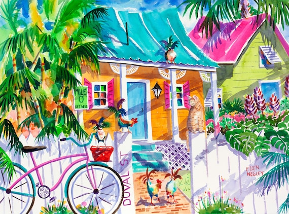Key West Watercolor Rooster, Cat & Bicycle Art Print