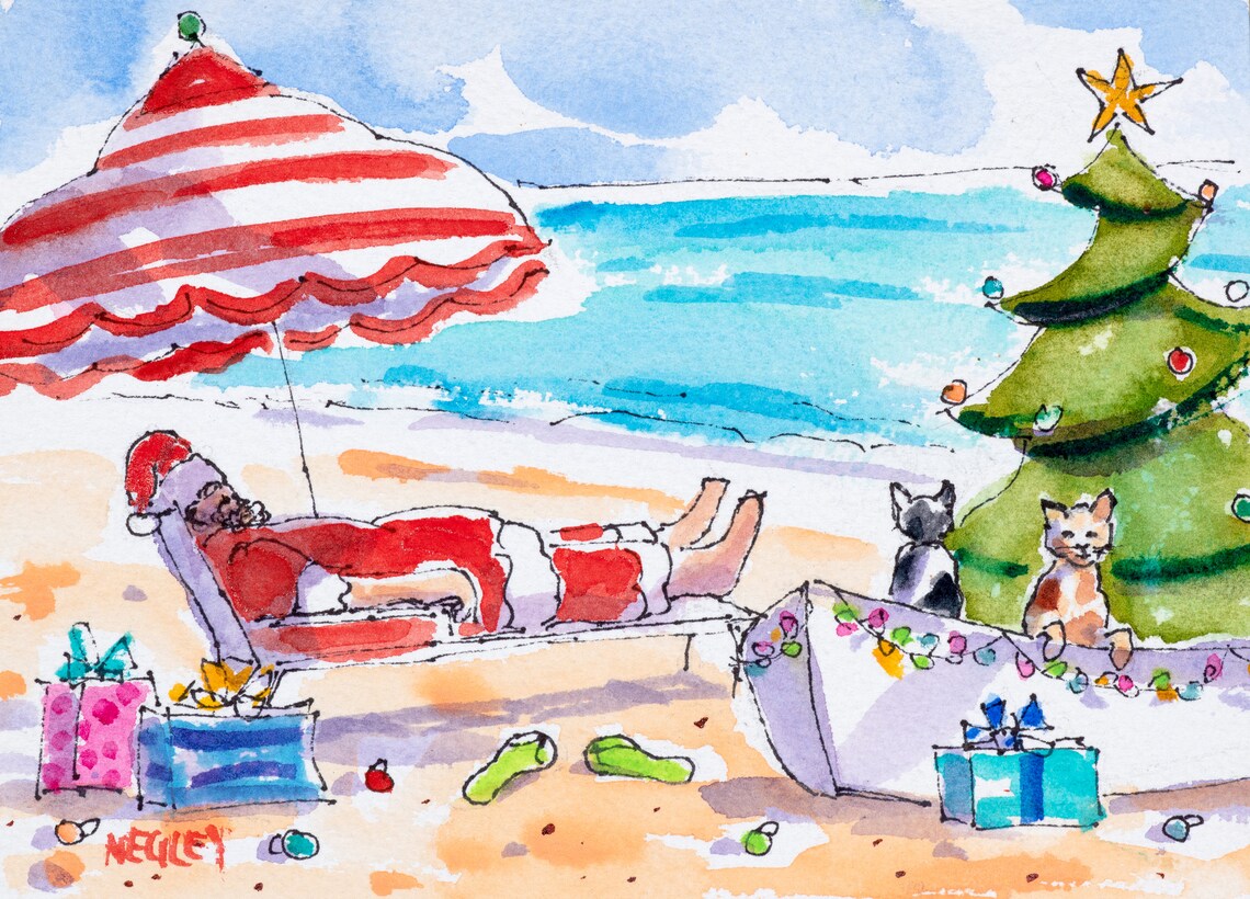 Ellen Negley Christmas Cat Watercolor Print, Beach Art