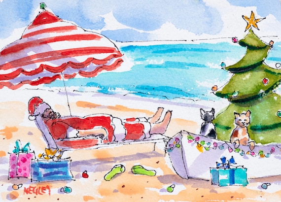 Ellen Negley Christmas Cat Watercolor Print, Beach Art
