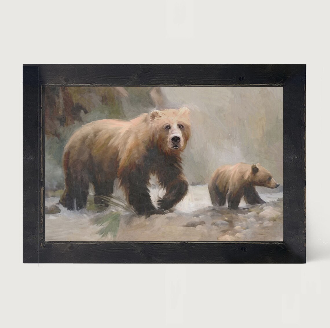 Brown Bear Mother Cub Stream Wildlife Painting Rustic Cabin Framed Poster