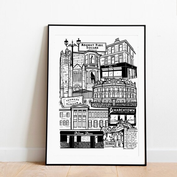 Strathbungo Glasgow Print Black And White Skyline Art