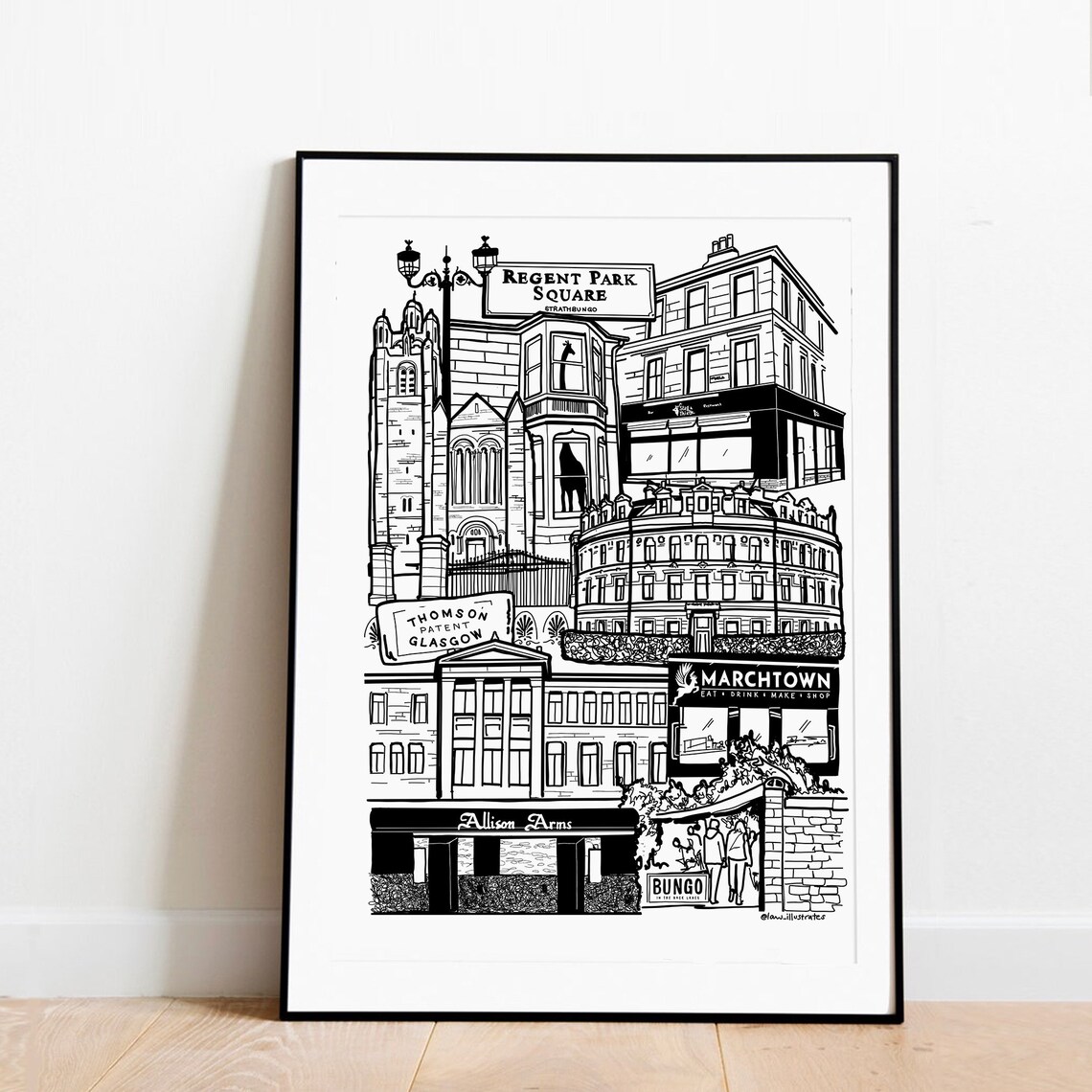 Strathbungo Glasgow Print Black And White Skyline Art