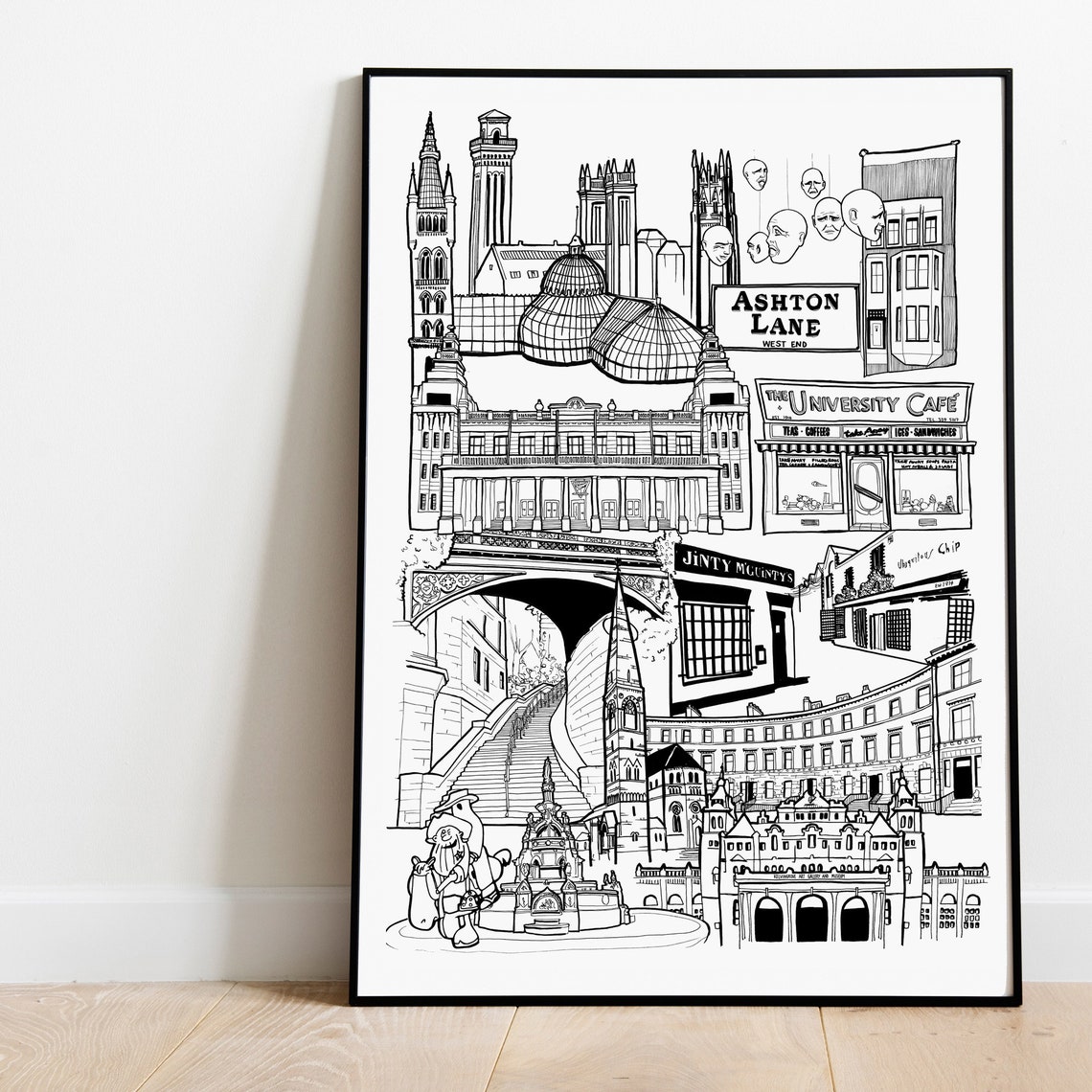 Glasgow West End Landmarks Ashton Lane Black White Art Poster