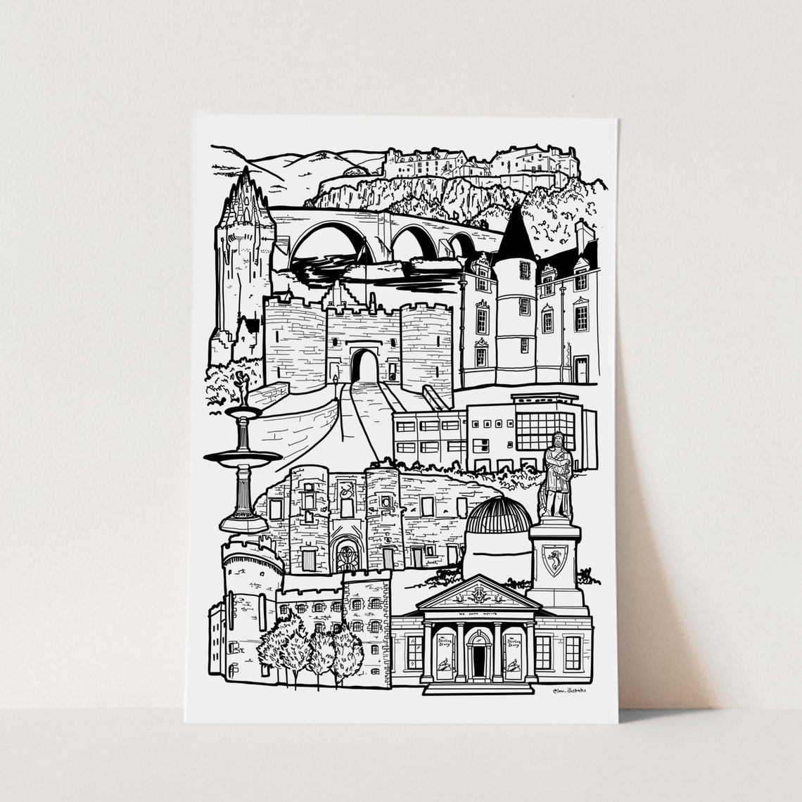 Stirling Scotland Landmarks Black and White Line Art Travel Print