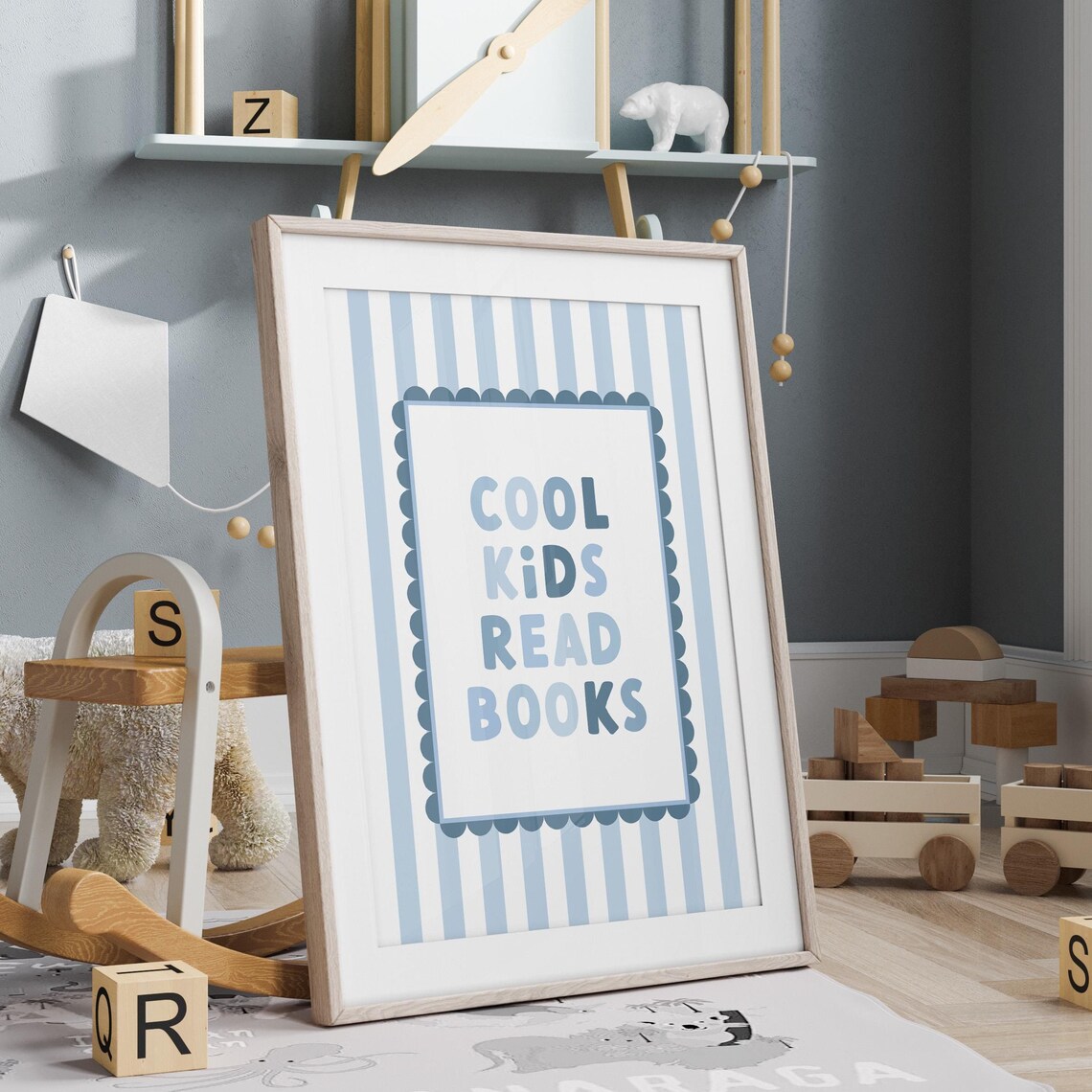 Cool Kids Read Books Blue Nursery Art Print - Image 4