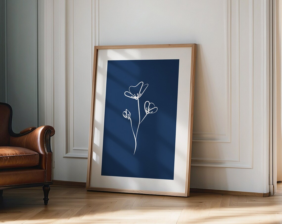 Navy Blue Botanical Poster White Three Bloom Sprig Line Art Design - Image 4