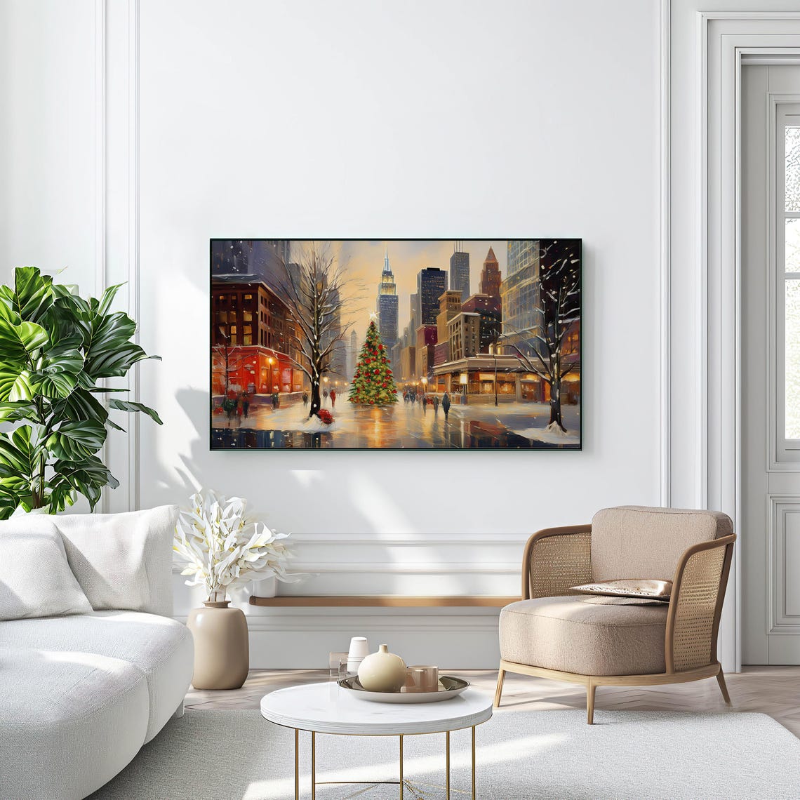 Snowy City Street Christmas Tree Skyscraper Winter Cityscape Poster - Image 2