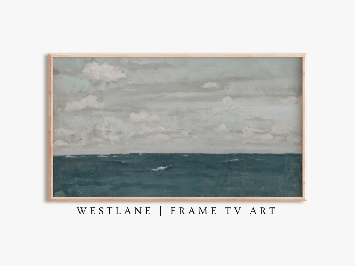 Deep Blue Ocean Seascape Oil Painting Open Sea Cloudy Sky Coastal Wall Art Poster - Image 2