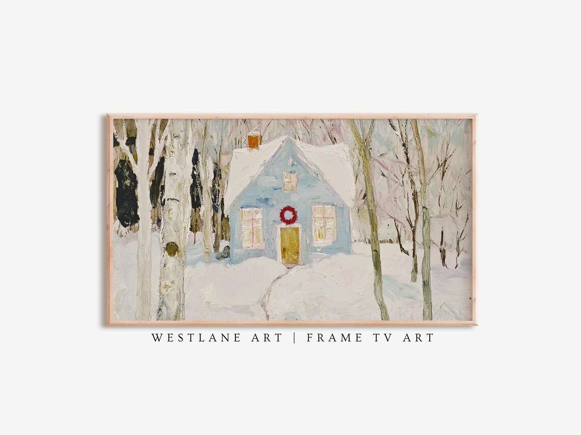 Winter Cottage Blue House Red Wreath Snowy Birch Woods Art Print