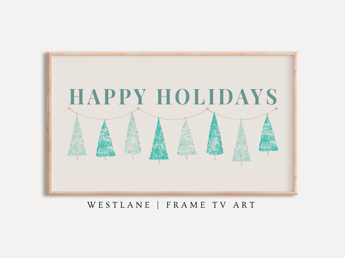 Happy Holidays Teal Christmas Tree Garland Modern Farmhouse Wall Art