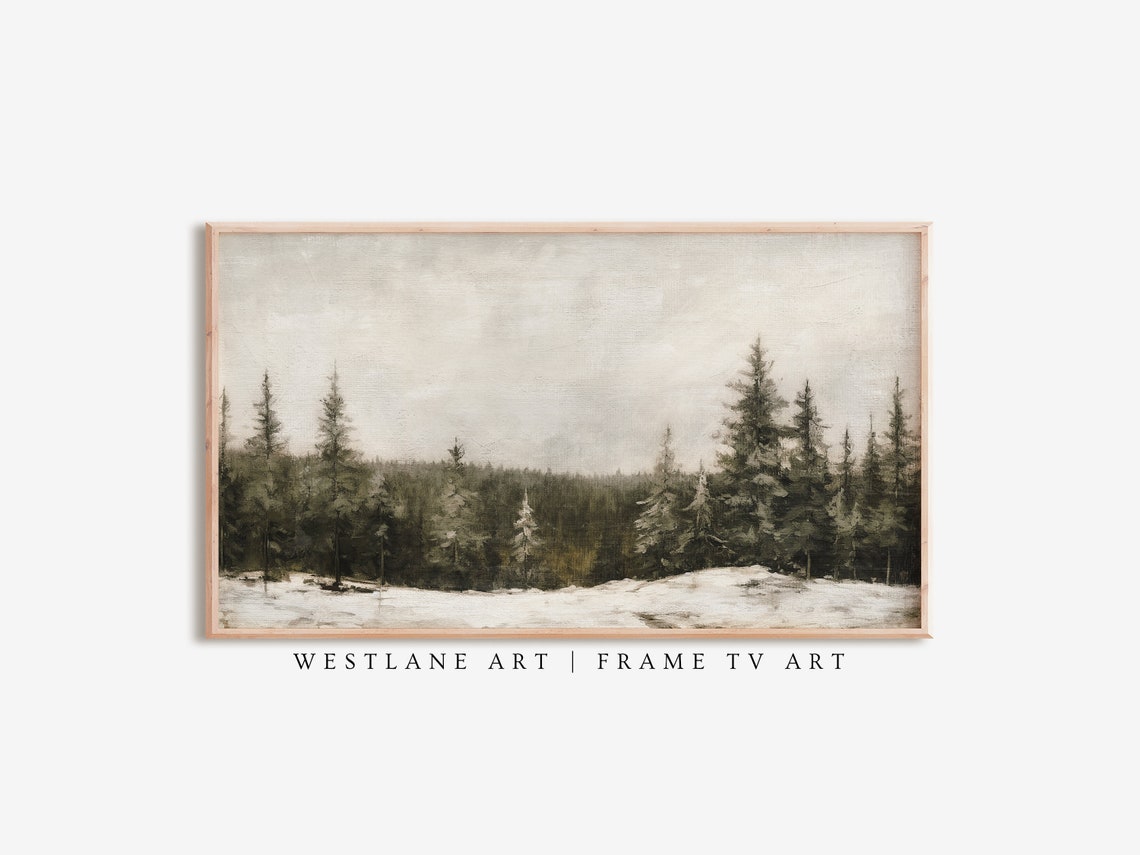 Snowy Pine Forest Winter Landscape Painting Muted Evergreens Art Print