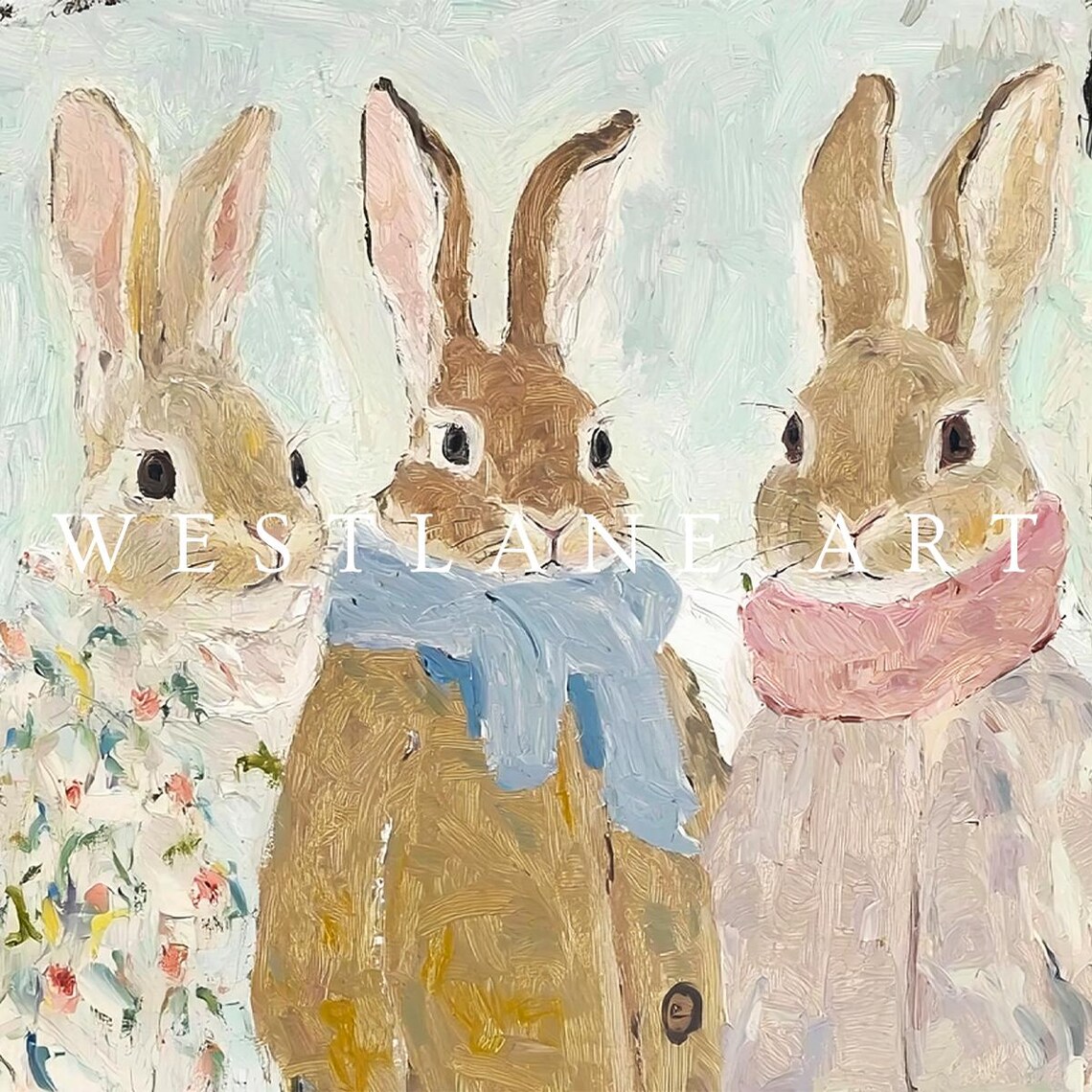 Winter Rabbits In Coats Snowy Woodland Three Bunnies Art Print - Image 2