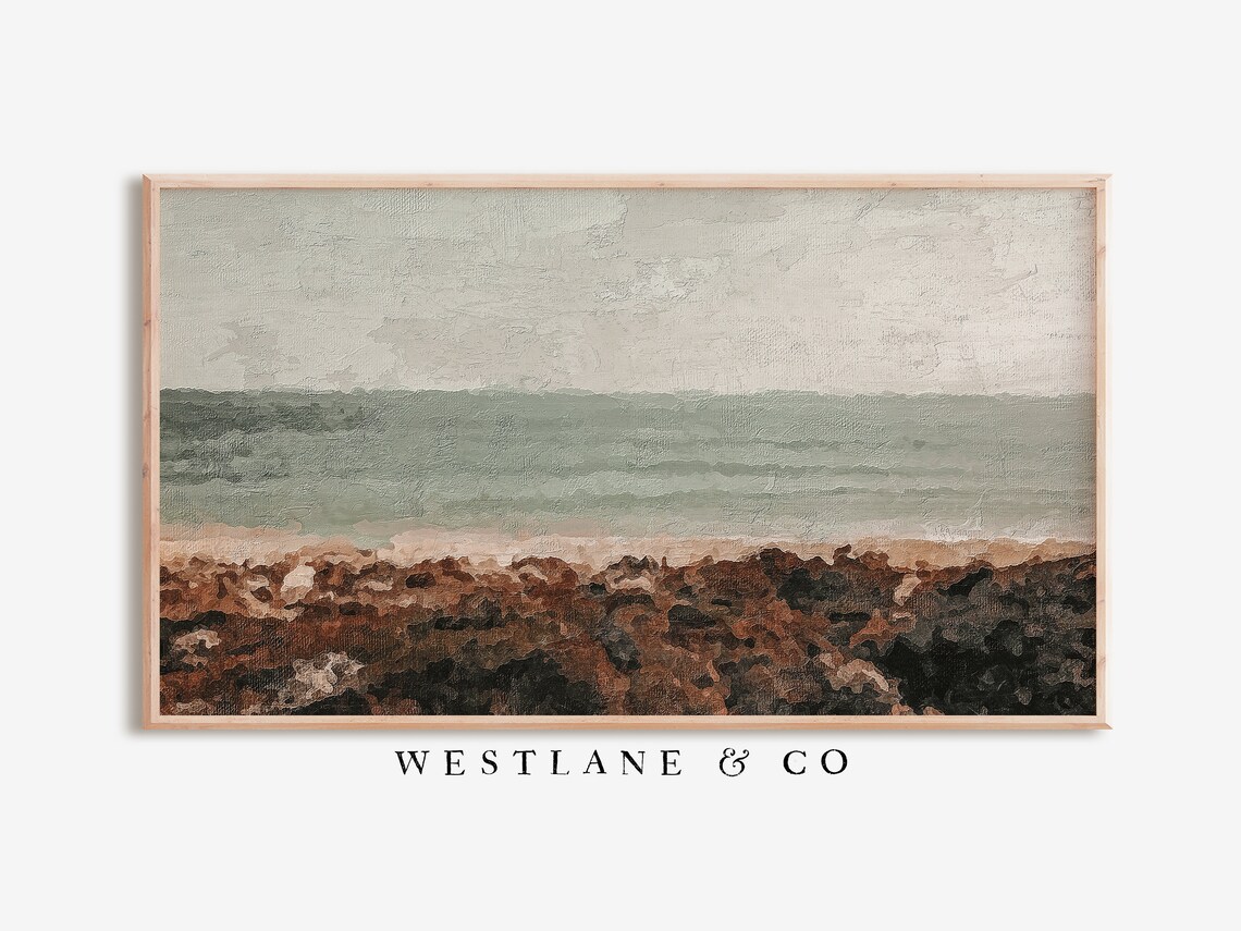 Textured Coastal Seascape Painting Olive Green Sea Rust Shore Wall Art Poster
