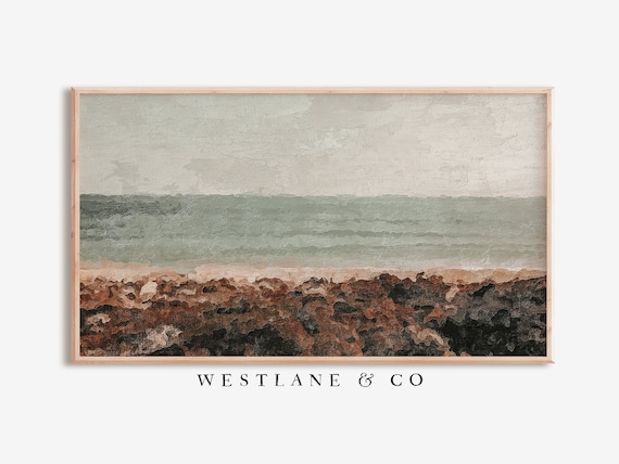 Textured Coastal Seascape Painting Olive Green Sea Rust Shore Wall Art Poster