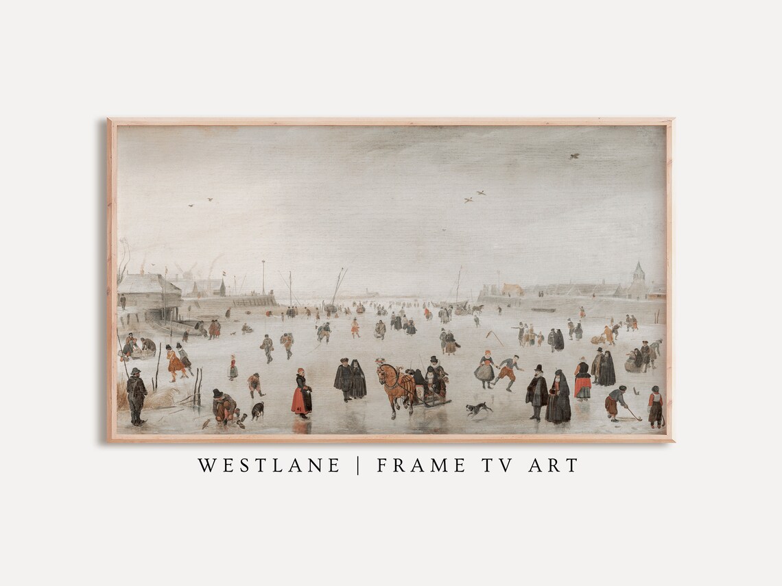 Vintage Dutch Winter Ice Skaters Frozen Canal Painting Art Print
