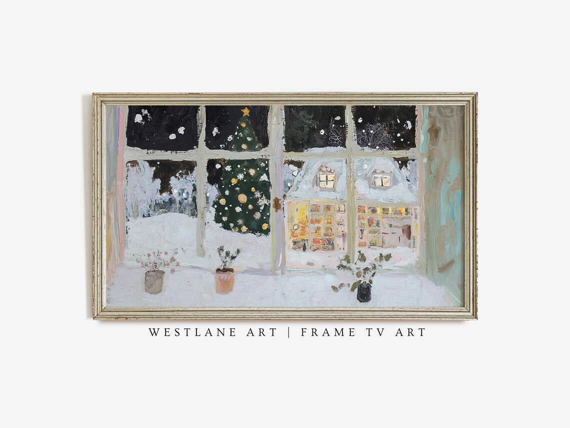 Christmas Eve Window Painting Lit Tree Snowy Night Holiday Art Print - Image 3
