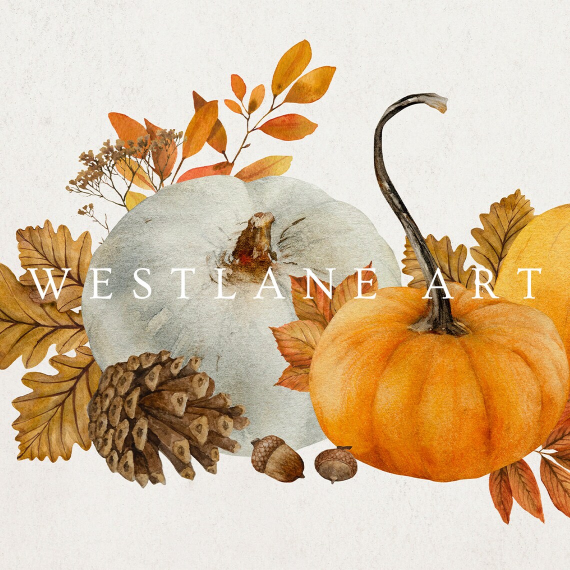 Watercolor Fall Pumpkins With Autumn Leaves Pinecone Thanksgiving Wall Art - Image 2