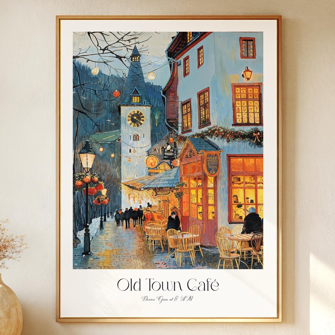 Old Town Cafe Evening Watercolor European Street Scene Art Print
