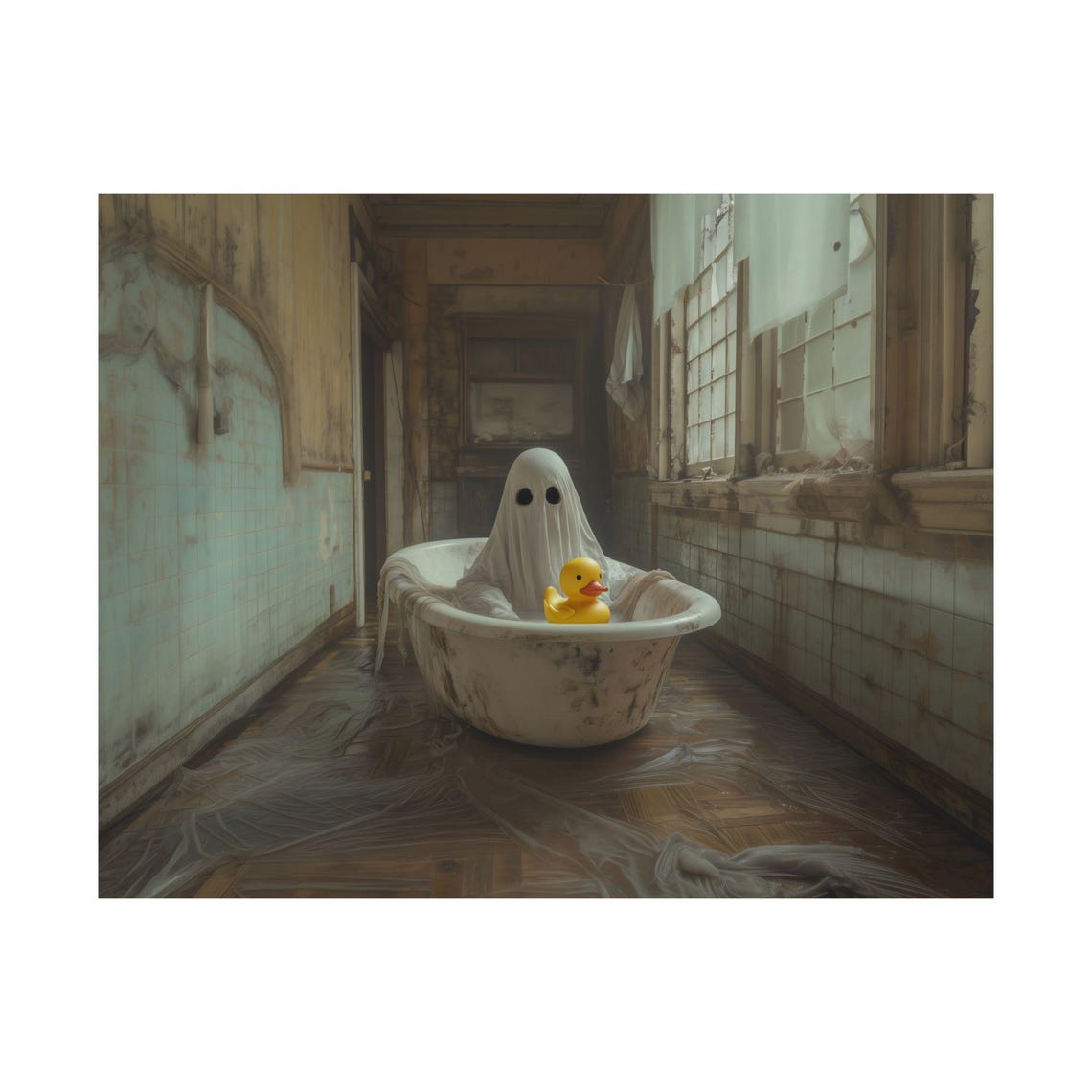 Cute Ghost Bathtub Rubber Ducky Abandoned Bathroom Halloween Poster - Image 4