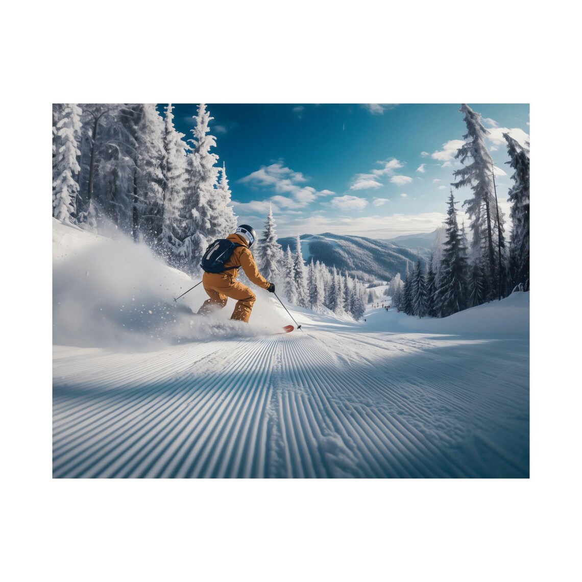 Skier Carving Down Groomed Slope In Orange Suit Pine Forest Powder Print - Image 3