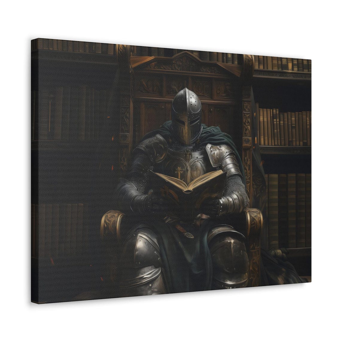 Armored Knight Reading Book In A Shadowy Grand Library Print - Image 3